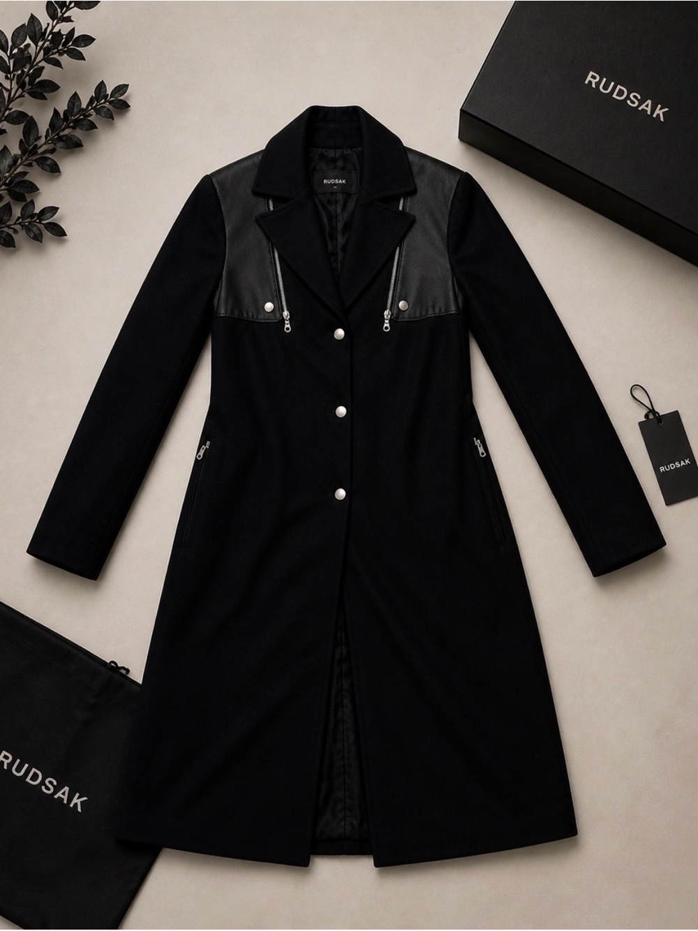 RUDSAK Black Long Trench Coat with Leather accents